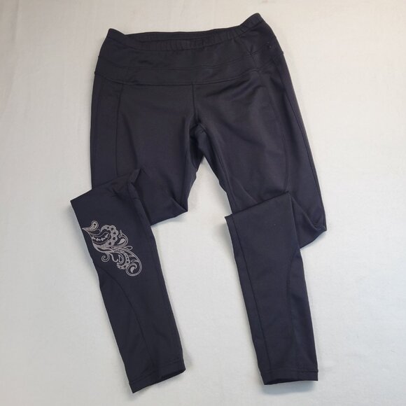 Athleta Yoga Pants Women Size MT Black Zip Back Pocket Floral Design Leggings - Picture 2 of 16